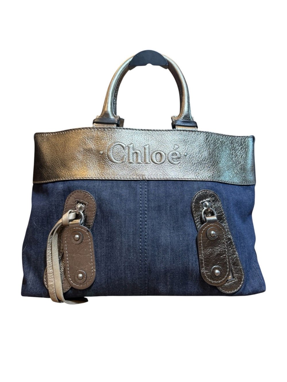 Chloe Vintage Chloe Navy Blue Denim & Metallic Platinum Leather Tote Bag Auth Ex